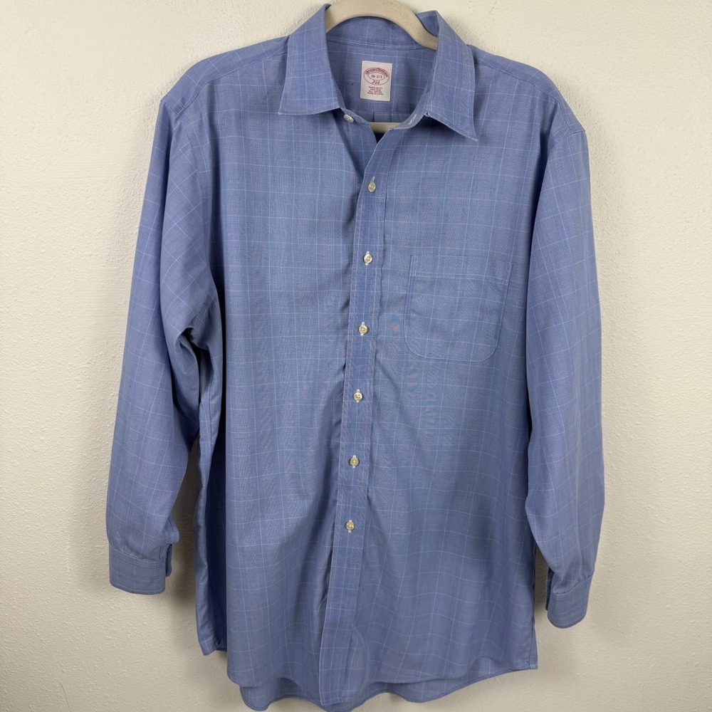Brooks Brothers 346 Mens Blue‎ Grid Non-Iron Cotton Dress Shirt 16 32/33 Regular